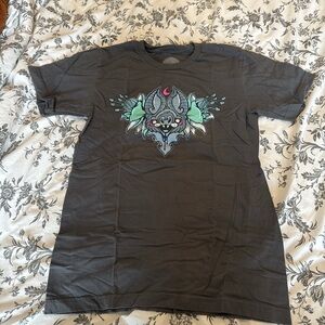 Dark Gray Graphic Tee with Mint and Pink Bat Design